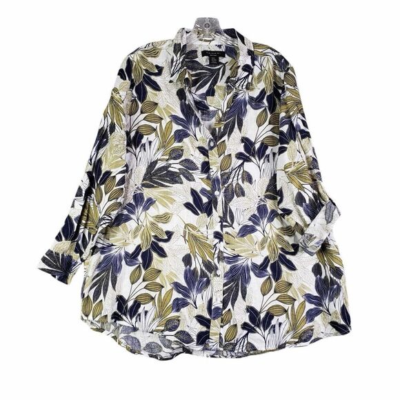 Tahari Shirt Linen Tropical Button Up Women’s Plus Size 2X Long Sleeve Resort - Picture 2 of 11